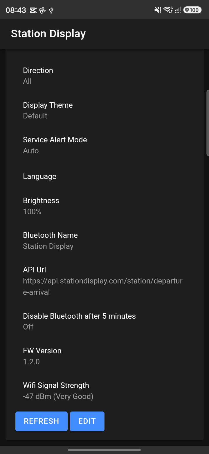 Station Display app – connected state with current settings